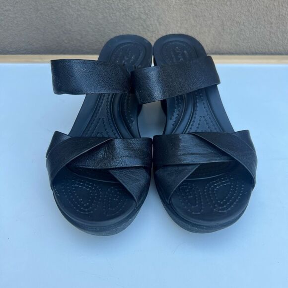 2/$24 Crocs Leather Strap Wedge Sandals Womens Size 6 - Picture 2 of 8